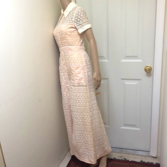 Vintage 1940’s Pink Midi Sheath Wiggle Dress Collared Embroidered Lace Overlay - Picture 4 of 14